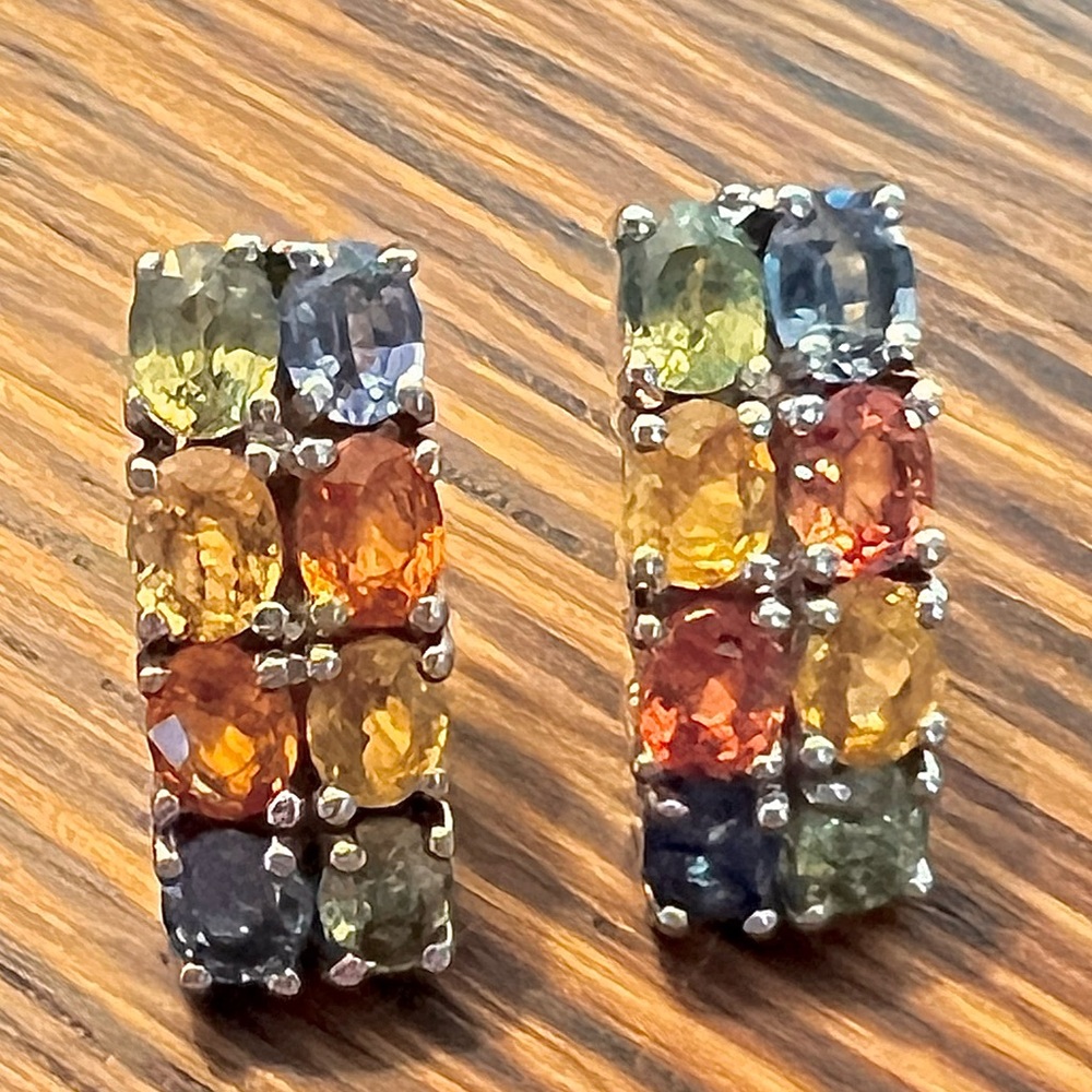 Rainbow Sapphire Huggie Earrings 925 Sterling Silver Multi-Color Gemstone Hoops - Picture 5 of 9
